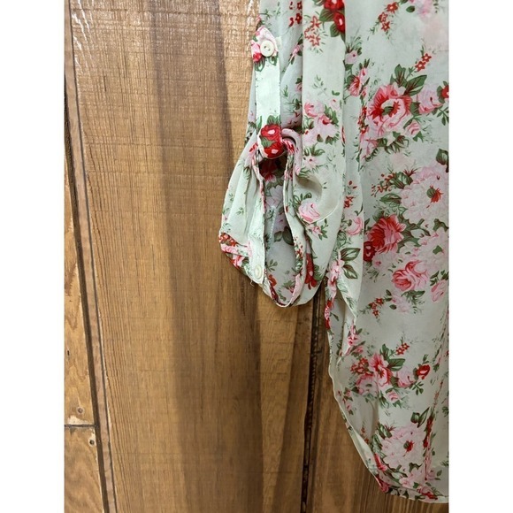 Akira Chicago Red Label Floral Sheer Popover Blouse with Roll Sleeves - Picture 6 of 10